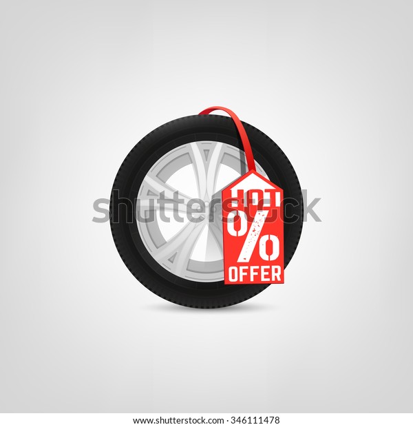 Beautiful vector\
illustration of the tire shop sale image with bright red tag.\
Modern realistic graphic style. Transportation automotive concept.\
Digital pictogram\
collection