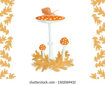 Beautiful vector illustration of toadstools in the forest. Flat style. Forest, autumn, mushrooms, oak leaves.