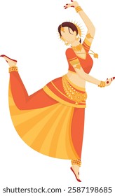 beautiful vector illustration of a traditional Indian classical dancer in an elegant pose, wearing ethnic attire with intricate jewelry. Ideal for cultural art, festival designs, and dance-theme