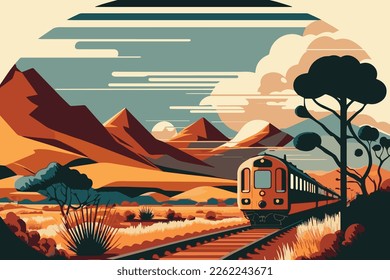 Beautiful vector illustration of a train traveling. Nature background with mountains. Pastel colors. 