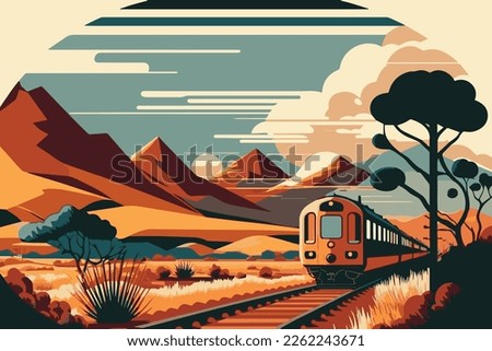 Beautiful vector illustration of a train traveling. Nature background with mountains. Pastel colors. 