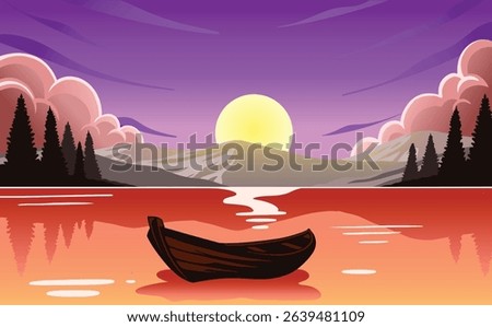 Beautiful vector illustration of a tranquil lake at sunset, featuring a glowing sun setting behind distant mountains, with a wooden boat gently floating on calm orange-pink waters. The scene is framed