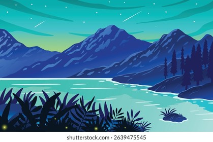 Beautiful vector illustration of a tranquil night mountain landscape featuring calm lake waters, glowing stars, and shooting stars in a clear night sky. The serene scene is surrounded by lush foliage 