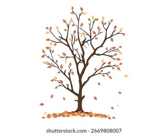 Eine schöne Vektorgrafik eines Baumes im Herbst mit bunten Blättern, die auf den Boden fallen. Ein perfektes grafisches Element für saisonale Designs und Hintergründe.