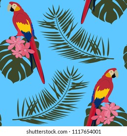 Beautiful vector illustration with tropical plants, clematis flowers and parrots on a blue background. For decoration of textiles, packaging and web design.