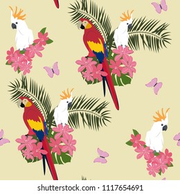 Beautiful vector illustration with tropical plants, clematis flowers and parrots on a yellow background. For decoration of textiles, packaging and web design.