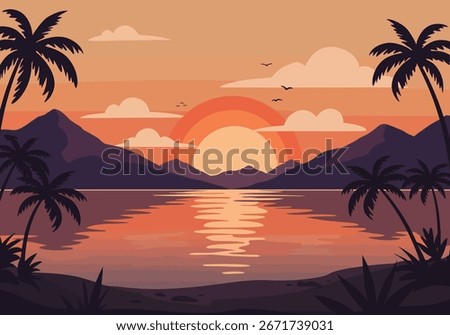 A beautiful vector illustration of a tropical sunset scene with a large sun setting behind mountains, reflecting on the water, with palm trees and a soft orange-hued sky.