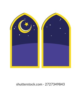 Una hermosa Ilustración vectorial de dos ventanas arqueadas con un cielo nocturno tranquilo y luna creciente