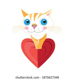 Beautiful vector illustration of a Valentine with a funny cat on a white background. Holiday card with a cat in love and a heart
