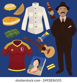 Beautiful vector illustration of Venezuelan staples. Foods clothing literature drinks and religious figure from Venezuela. Flat colors blue background