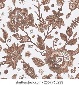 Beautiful vector illustration of vintage-inspired flowers and leaves in soft Mocha Mousse shades, isolated on a white background. Perfect for design projects and stationery.