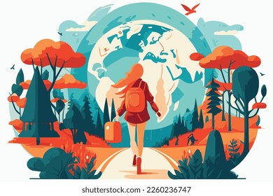 beautiful vector illustration of wanderlust. Girl traveling with her luggage. 