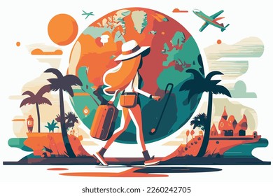 beautiful vector illustration of wanderlust. Girl traveling with her luggage. 