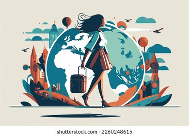 beautiful vector illustration of wanderlust. Girl traveling with her luggage. 