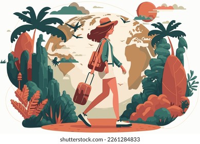 beautiful vector illustration of wanderlust. Girl traveling with her luggage. 