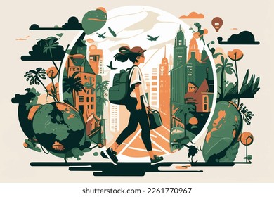 beautiful vector illustration of wanderlust. Girl traveling with her luggage. 