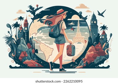 beautiful vector illustration of wanderlust. Girl traveling with her luggage. 