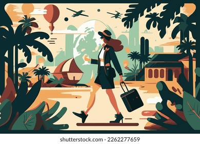 beautiful vector illustration of wanderlust. Girl traveling with her luggage. 