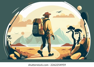 Beautiful vector illustration of wanderlust. A man is traveling with her luggage. 