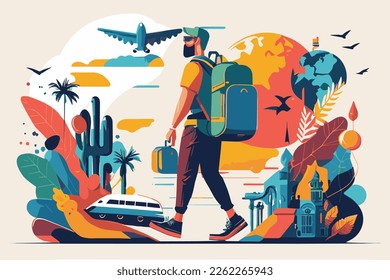 Beautiful vector illustration of wanderlust. A man is traveling with her luggage. 