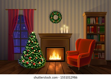 Beautiful vector illustration of a warm and cozy christmas interior. A winter night, a fire burns brightly in a fireplace, fine decorated x-mas tree, classic wooden furniture.