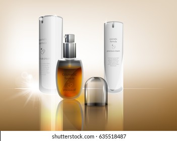 Beautiful vector illustration with white cream and transparent oil flacons in realistic style. Cosmetic, skin care or perfumery concept in warm golden colours. Premium design template.