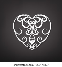 Beautiful vector illustration of a white decorative heart pattern in cute hand drawn style. Editable image isolated on a dark gray background useful for postcard, poster, placard or invitation design.