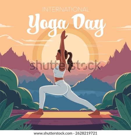A beautiful vector illustration of a woman doing yoga at sunrise on International Yoga Day. The female character is shown in Warrior Pose (Virabhadrasana) on a yoga mat, surrounded by nature, mountain