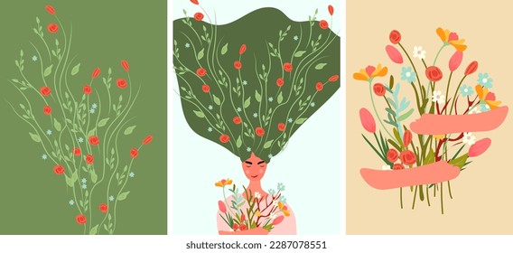 Beautiful vector illustration of a woman with flowers in her hair, a bouquet and spring elements, leaves, plants, petals and buds. Ideal for spring cards and posters, banners, invitations. Vector