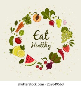 Beautiful vector illustration of a wreath made of colorful fruits and vegetables