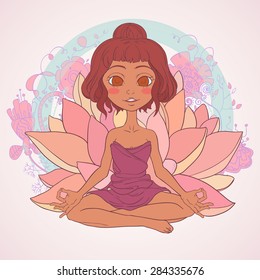 beautiful vector illustration of young bronzed Asian girl who practices yoga with lotus on background