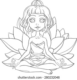 Beautiful vector illustration of young girl who practice yoga with lotus on background, black and white cartoon
