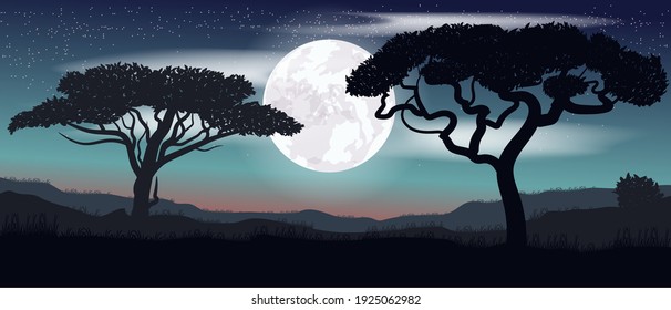 Beautiful vector illustration.Landscape. Moon. Night, starry sky.