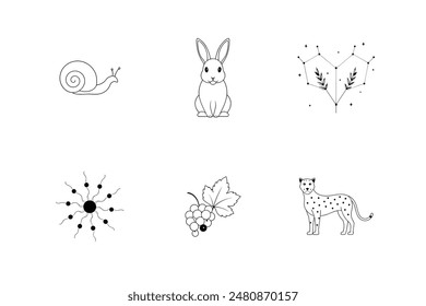 Hermosas Ilustraciones vectoriales de animales y Naturaleza: caracol, conejo, bacterias, Constellation, uvas y guepardo