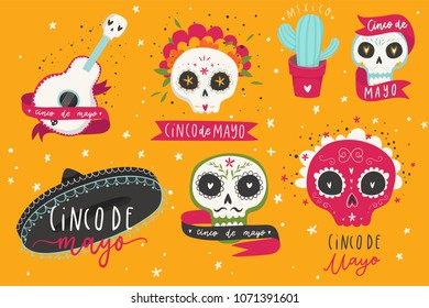 Beautiful vector illustrations with design for Mexican holiday 5 may Cinco De Mayo. The collection traditional Mexican symbols - sugar skulls, marigold flowers, guitar.