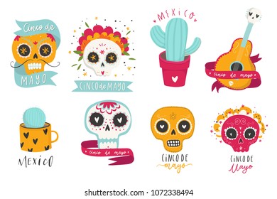 Beautiful vector illustrations with design for Mexican holiday 5 may Cinco De Mayo. The collection traditional Mexican symbols - sugar skulls, marigold flowers, guitar.