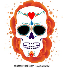Beautiful vector illustration.Sugar skull with a pattern. Bright fire flowers. Halloween. The day of the Dead
