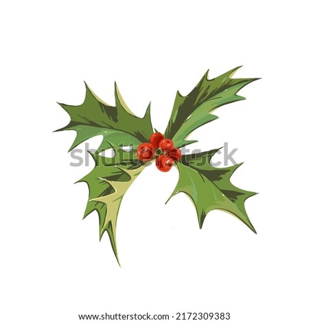 Beautiful vector image with hand drawn winter symbol holly branch with green leaves and red berries. Merry christmas celebration clip art.