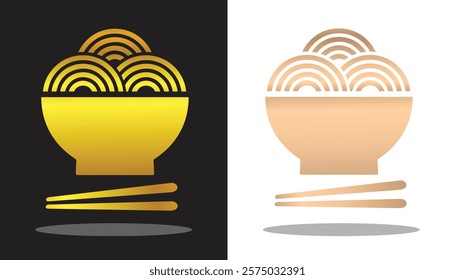 Beautiful vector image of noodle bowl and chopsticks with gold texture and black and white background