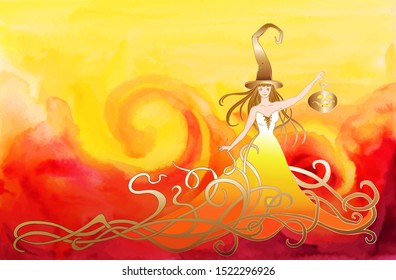 beautiful vector image of a witch with a pumpkin on a fiary background with patterns