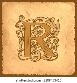 Beautiful vector initial letter R in vintage style with fairy tale decoration on an old paper. Ornate capital letter R suitable for monogram, logo, emblem, greeting card, invitation or label design