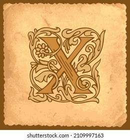 Beautiful vector initial letter X with fabulous decor on old paper in vintage style. Ornate capital Latin letter X. Suitable for monogram, logo, emblem, greeting card, invitation or label design