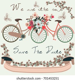 Hermosa tarjeta de invitación de Vector Guardar con lindas bicicletas y flores para el diseño