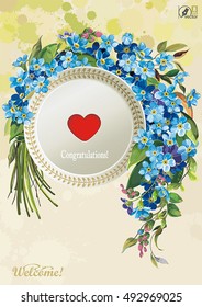 Beautiful Vector invitation design in retro style with forget-me-not flowers, eps8