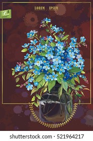Beautiful Vector invitation design in retro style with forget-me-not flowers, eps8