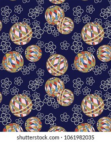 Beautiful vector japanese seamless pattern,Japanese Ball and flowers. Vector unique seamless asian texture.For printing on packaging, textiles, paper, manufacturing, wallpapers, scrapbooking.