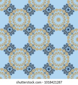 Beautiful vector kaleidoscope seamless pattern. Seamless texture in beige, black and blue colors. Abstract kaleidoscope background. Unique kaleidoscope design. Multicolor mosaic texture.