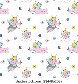 Beautiful vector kid seamless pattern with cute hand drawn little putti angels with flowers. Stock illustration.