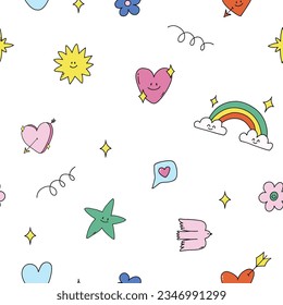 Beautiful vector kid seamless pattern with cute hand drawn little colorful flowers arrow hearts stars rainbows. Stock illustration.