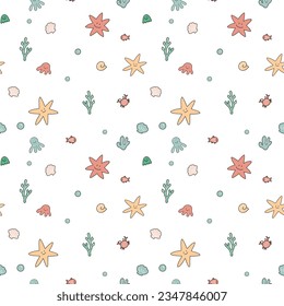 Beautiful vector kid seamless pattern with cute hand drawn little colorful underwater sealife animals and plants. Stock illustration.